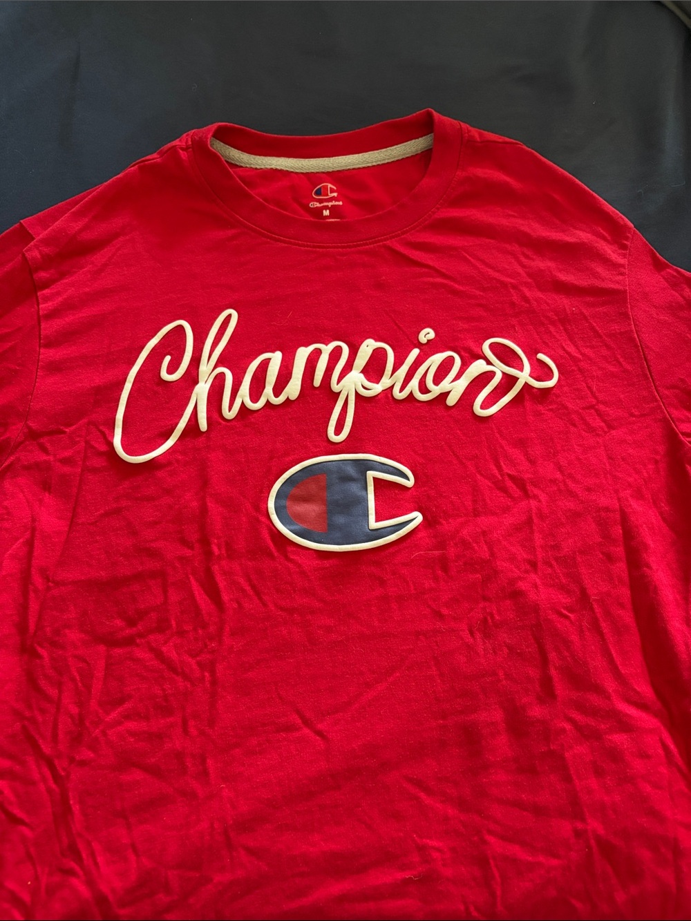 Champion Red Script Logo Short Sleeve Tee with Navy Accent